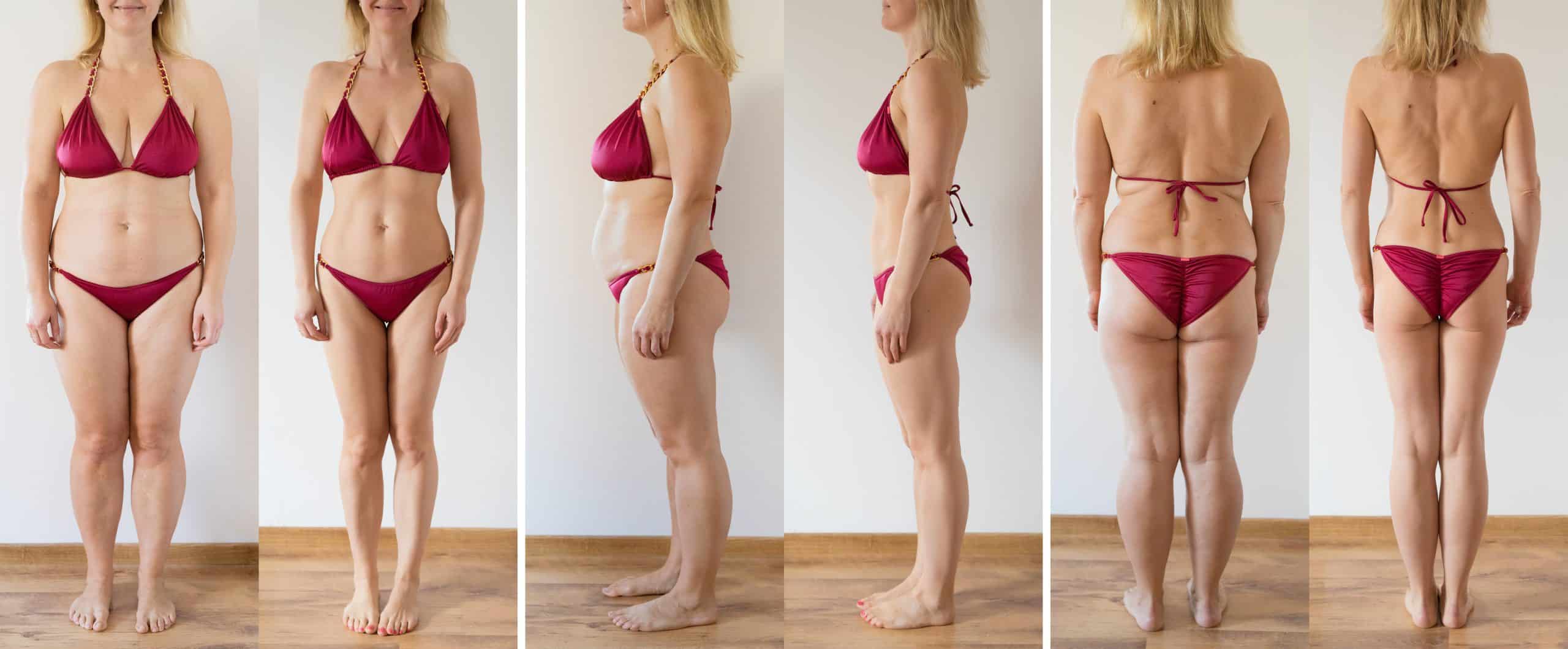 Woman posing at home before and after weight loss diet